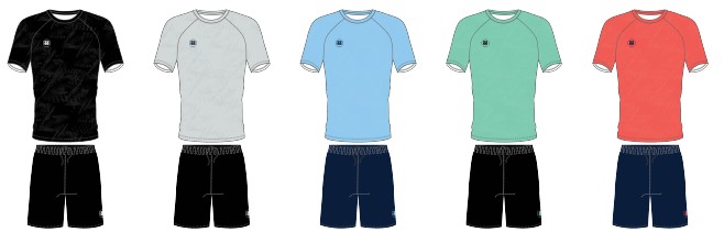 Example T-shirt and shorts set colourways