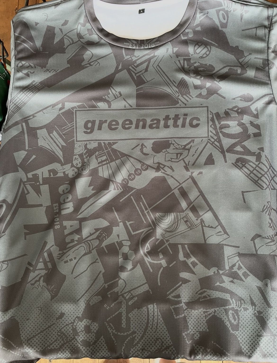 Grey all-over print 22 Unite t-shirt with Greenattic branding
