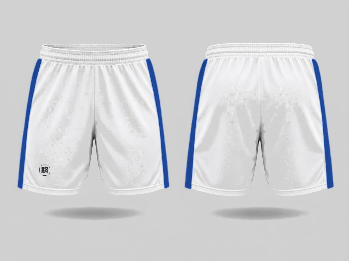 White football match shorts with sky blue outer-leg stripe, front and rear views