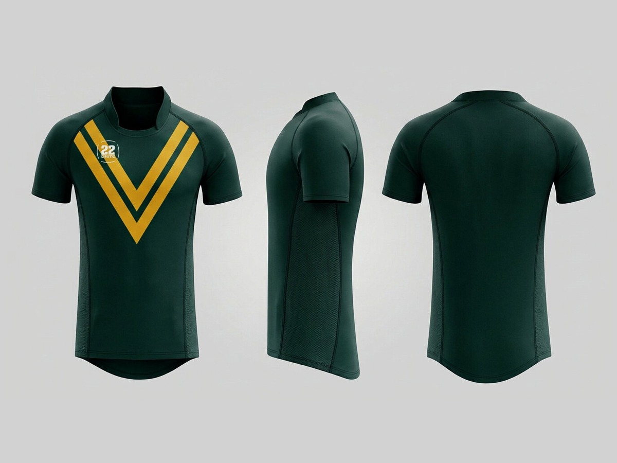 Rugby Shirt 02 in green with the approved yellow V design, front and rear views