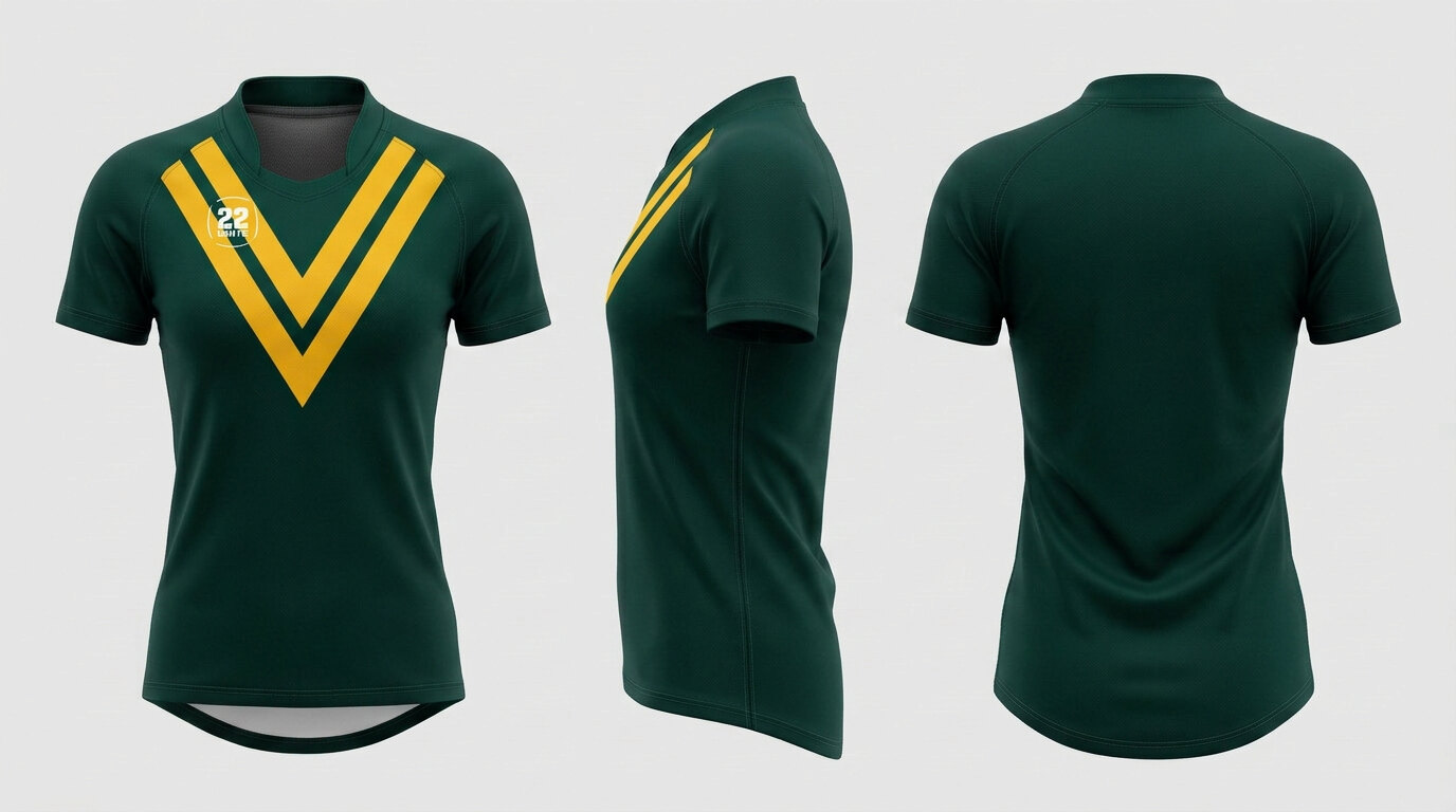 22 Unite Rugby Shirt — Ladies, green with yellow V design example