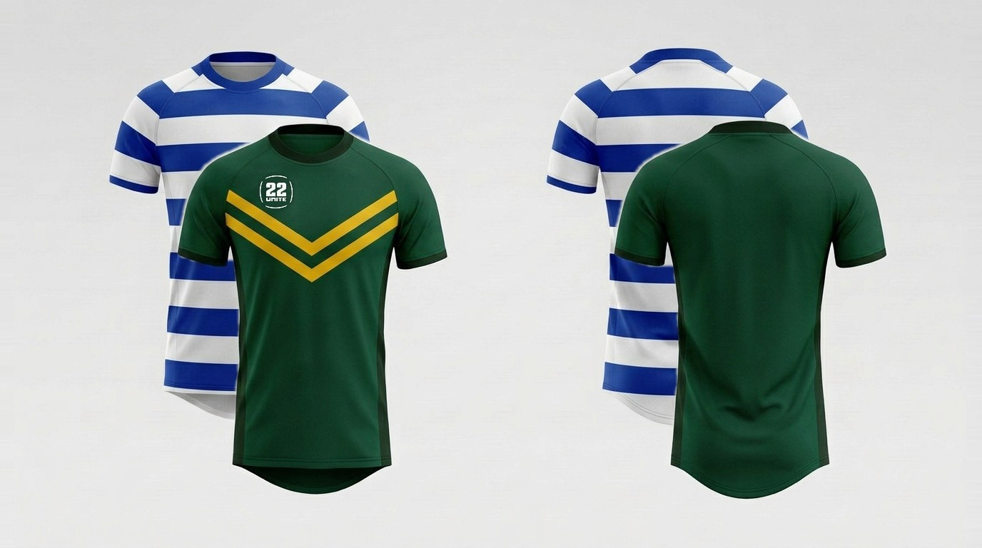 22 Unite reversible rugby shirt, green with yellow V design on one side and royal blue and white hoops on the reverse, front and back views